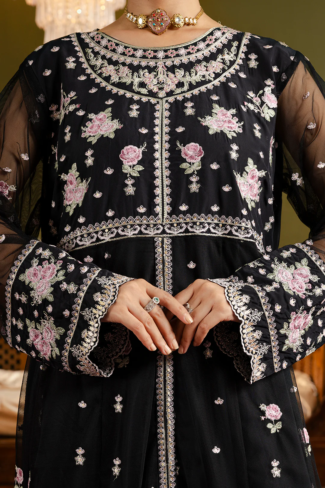 Front Open Frock With Flared Pant & Dupatta - 0717 - Image 12