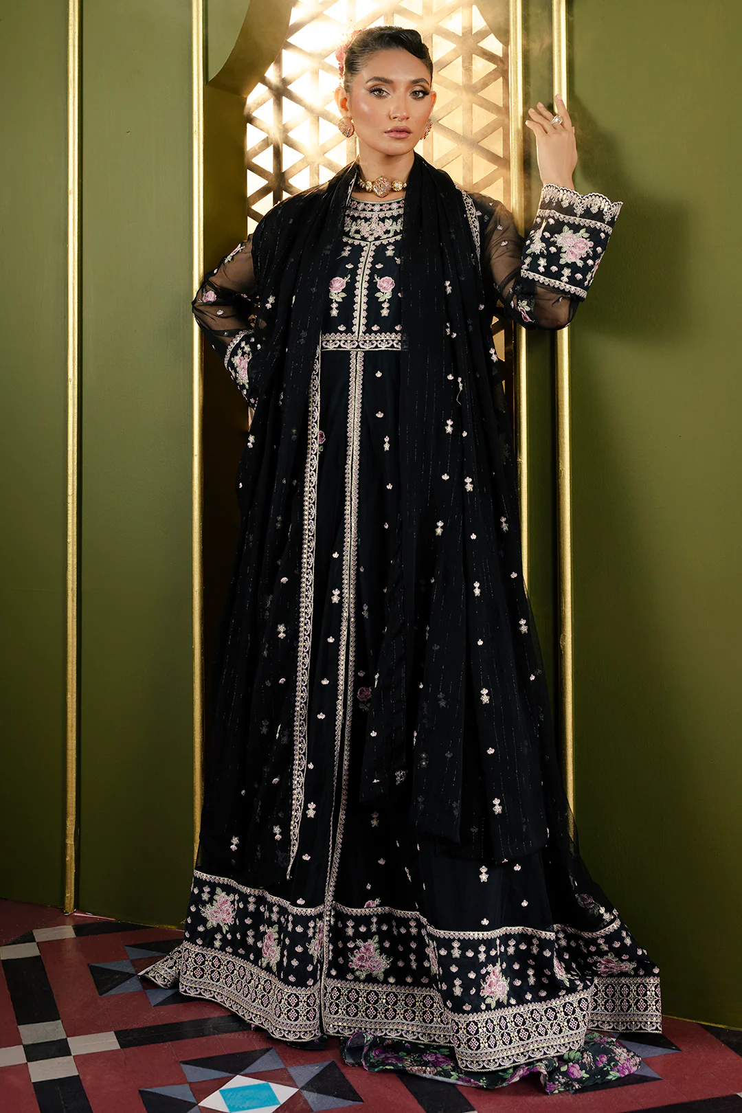 Front Open Frock With Flared Pant & Dupatta - 0717 - Image 3