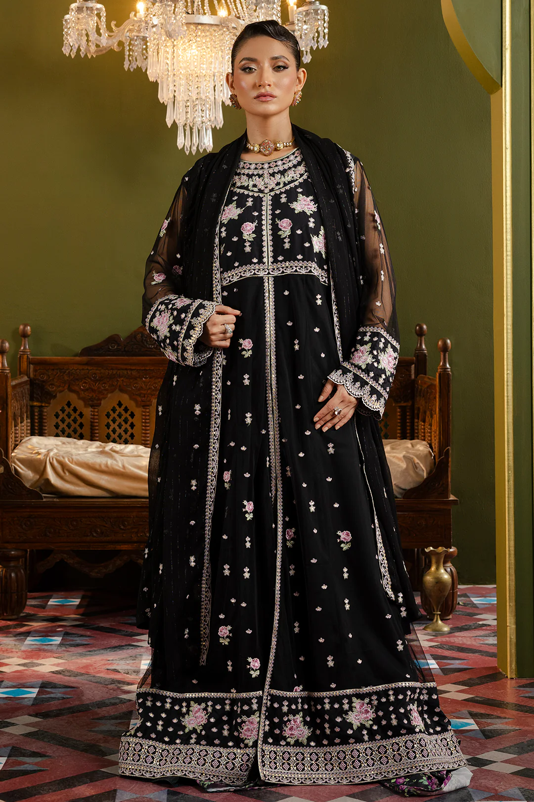 Front Open Frock With Flared Pant & Dupatta - 0717 - Image 5