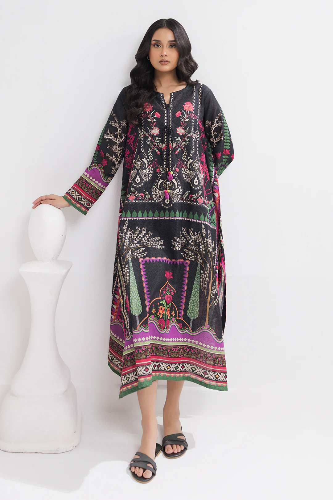 Printed Kaftaan Slub Textured Dress - 2893 - Image 3